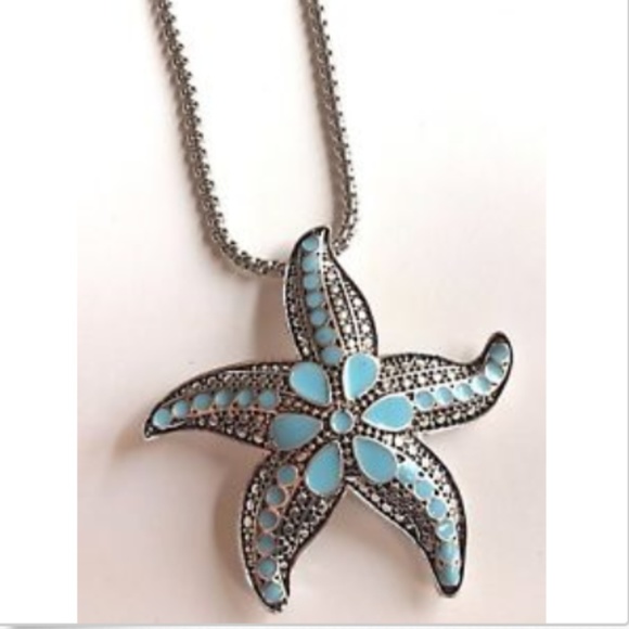 Silver Blue Starfish Pendant Necklace 33" Statement Aqua Enamel ID Badge Holder - Picture 2 of 8